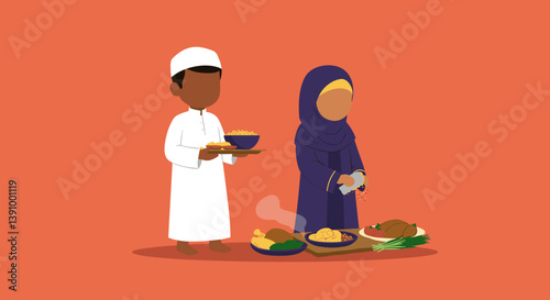 Muslim People Serving Food on Plates with Orange Background in Vector Style