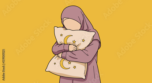 Muslim Woman Embraces Pillow Illustration In Vector Style With Yellow Background Wearing Purple Hijab Holding Bedtime Comfort