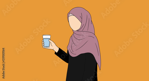 Muslim Woman Holding Drink In A Vector Illustration Style With Orange Background