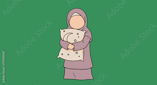 Muslim Woman Holding Pillow Vector Illustration On Green Background In Minimalist Style