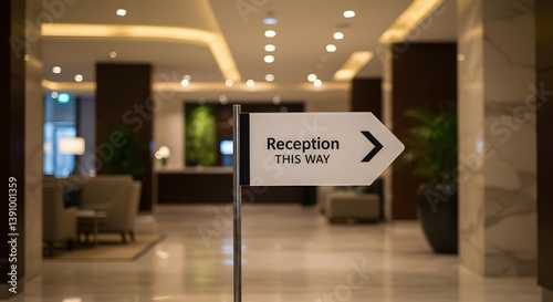 Reception sign with arrow in hotel lobby pointing the way with modern interior design