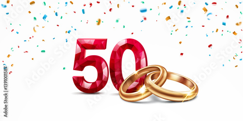A red faceted number 50 with intertwined golden wedding rings in the foreground, surrounded by colorful confetti, on white background, symbolizing the celebration of the fiftieth wedding anniversary.