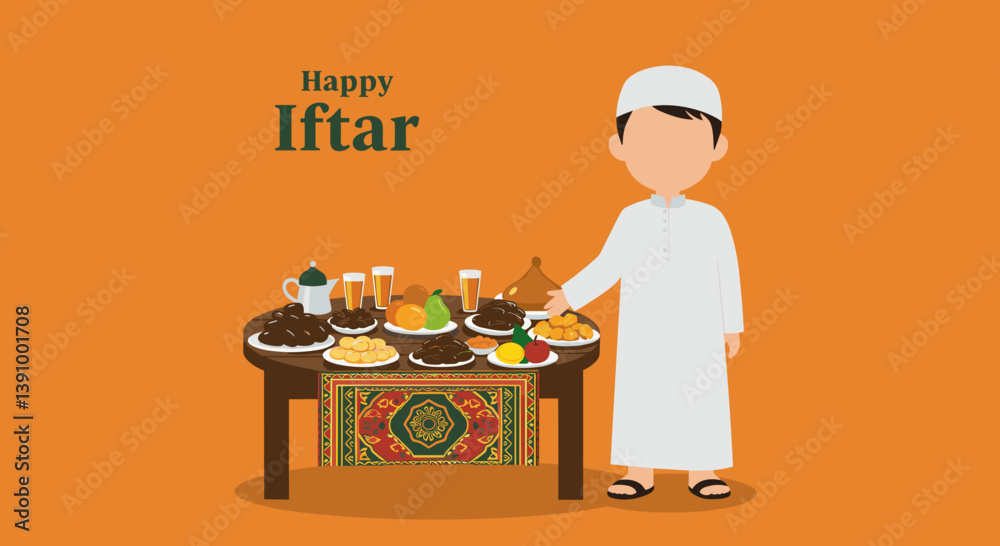 Pixelated Illustration of a Moslem Man Standing by a Festive Table Set with Various Food and Drinks against Orange Background Pixelated Illustration of a Moslem Man Standing by a Festive Table Set with Various Food and Drinks against Orange Background