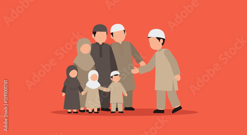 Pixelated Illustration of a Muslim Family Group Standing Together on Red Background