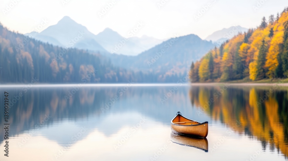 Calm lake with a canoe. Autumn colors surround Calm lake with a canoe. Autumn colors surround