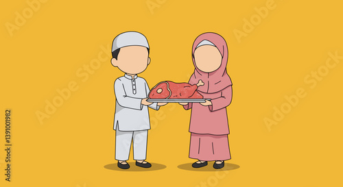 Pixelated Illustration Of Moslem Couple Sharing Food On Yellow Background
