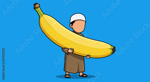 Pixelated Man Holding Oversized Banana on a Blue Background in Vector Style