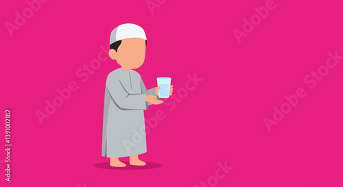 Pixelated Moslem Boy Offering A Glass Of Water Against Pink Background Digital Illustration