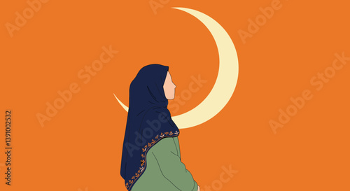 Pixelated Silhouette of a Muslim Woman with a Crescent Moon in an Orange Background