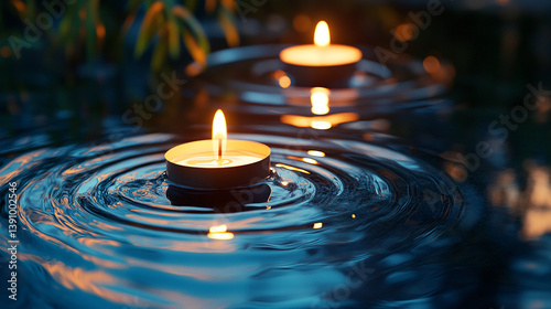 Floating candlelight reflected on water in a circle