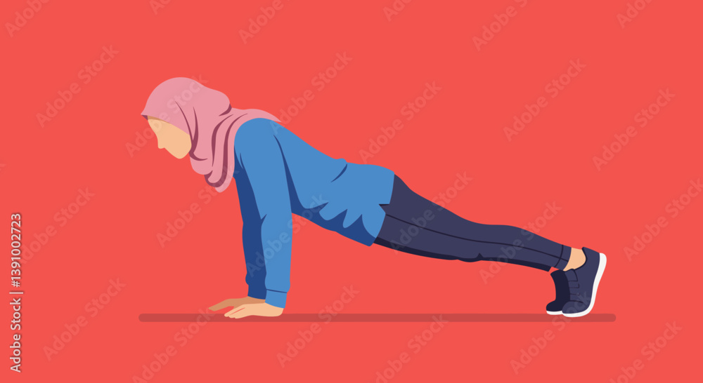Pixelated Vector Illustration of a Muslim Woman in Sportswear Doing Plank Exercise on Red Background Pixelated Vector Illustration of a Muslim Woman in Sportswear Doing Plank Exercise on Red Background