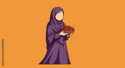Pixelated Vector Illustration Of A Muslim Woman Holding Bowl On Orange Background