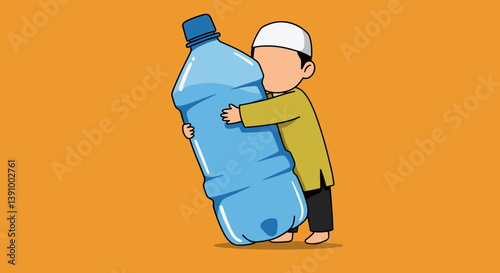 Pixelated Vector Illustration of a Young Boy in Traditional Headwear Hugging a Large Blue Water Bottle on an Orange Background