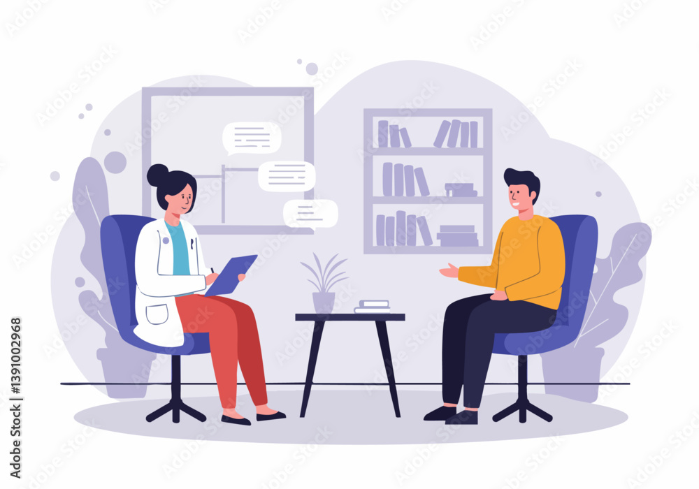 A therapist sits with a young man in a consultation room. She takes notes while he speaks, creating a supportive and professional atmosphere. Clean, modern design. A therapist sits with a young man in a consultation room. She takes notes while he speaks, creating a supportive and professional atmosphere. Clean, modern design.
