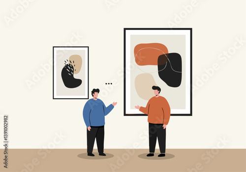 Two men discuss abstract art in a gallery. Modern, minimalist style. Clean composition, neutral tones. Ideal for lifestyle, culture, or art-related content.