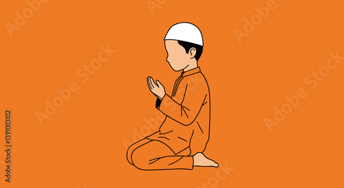 Silhouette of a Young Boy in Orange Attire Kneeling in Prayer on an Orange Background