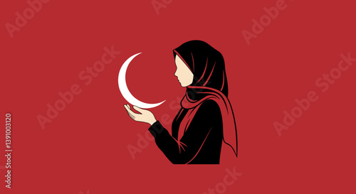 Silhouette Of Muslim Woman Holding Crescent Moon In Red Background