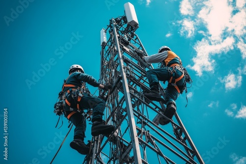 Two male technicians climbing cell tower against blue sky