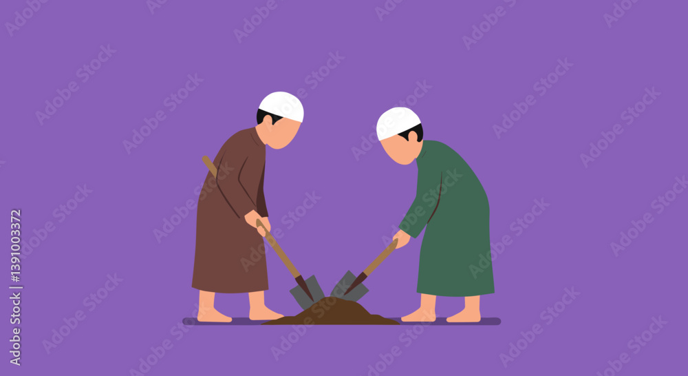 Fototapeta premium Two Men Digging With Shovels on Purple Ground with Brown and Green Clothing Vector Illustration