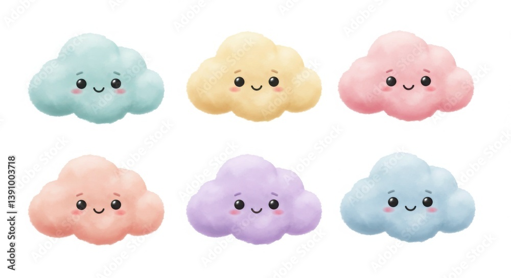 Fototapeta premium A set of six fluffy, smiling clouds in pastel colors, each with a unique happy expression, arranged playfully on a clean white background
