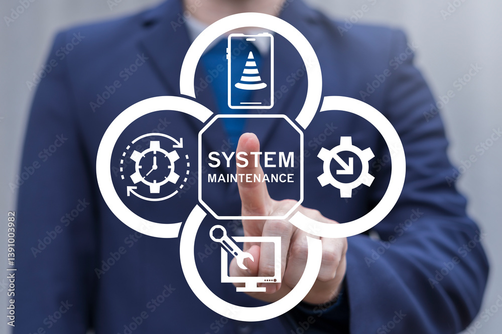 Person using virtual touch screen push inscription: SYSTEM MAINTENANCE. System Maintenance Update Program Software Application Technology Computer Engineering Concept.
