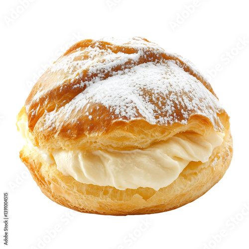 A Single Delicate Cream Puff Filled with Rich Pastry Isolated on Transparent Background