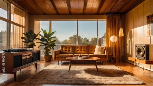 Mid-Century Modern Living Room with Mustard Sofa, Wooden Decor, and Vintage Vinyl Console