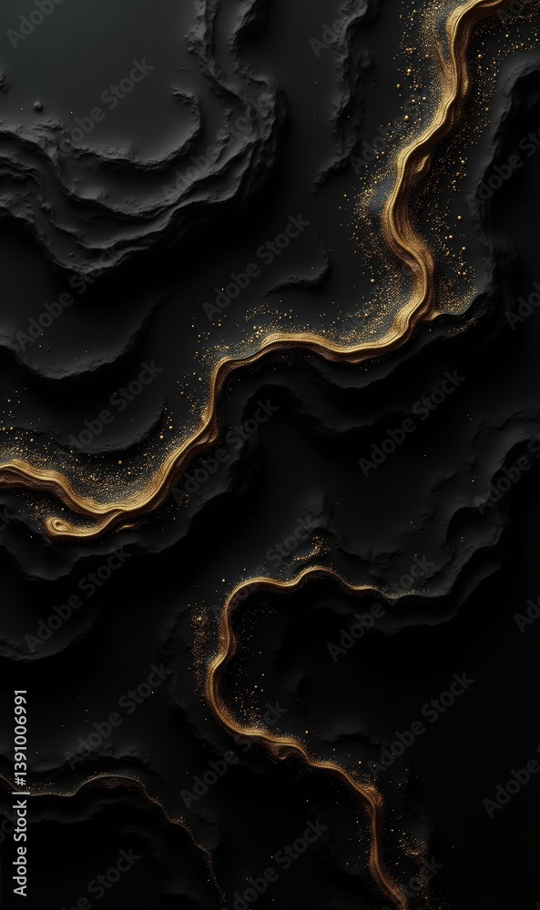 Fototapeta premium Abstract dark landscape with flowing gold accents, suitable for backgrounds, art projects, or modern design themes in various creative industries.
