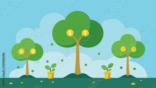 Carbon Offset Project An illustration showing trees being planted with coins dropping into the ground symbolizing investments in carbon offset projects which enhance environmental
