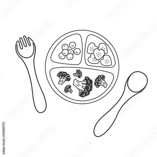 Cute line art of a baby food plate with spoon and fork. Broccoli, cucumber, and blueberries in a divided tray. Minimalistic style perfect for parenting and nutrition designs.