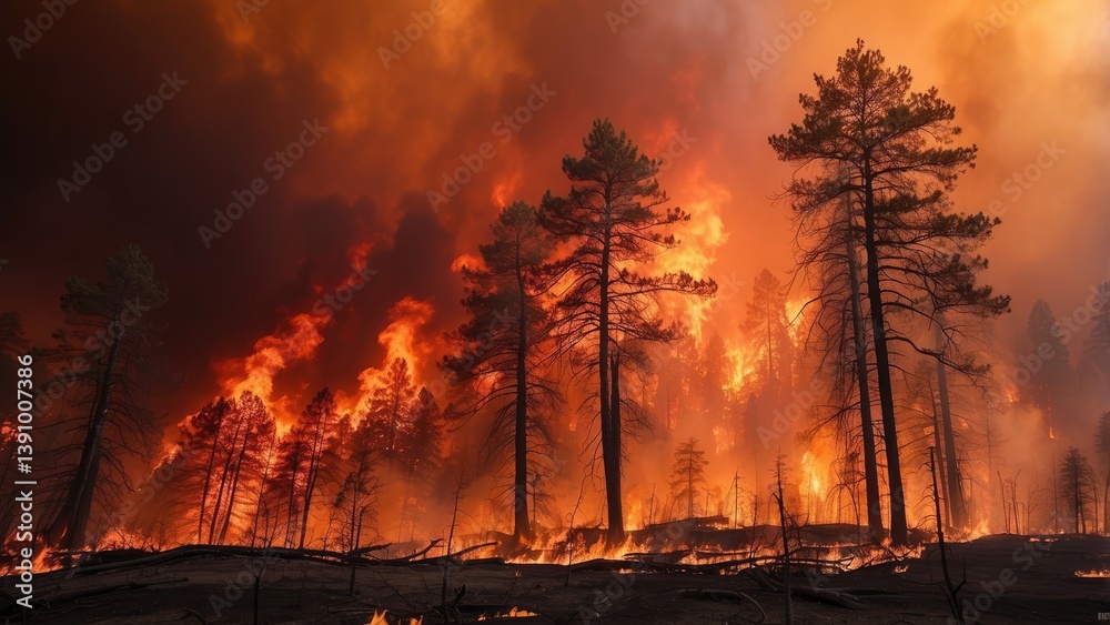 A massive wildfire engulfs a dense forest on a mountainside A massive wildfire engulfs a dense forest on a mountainside