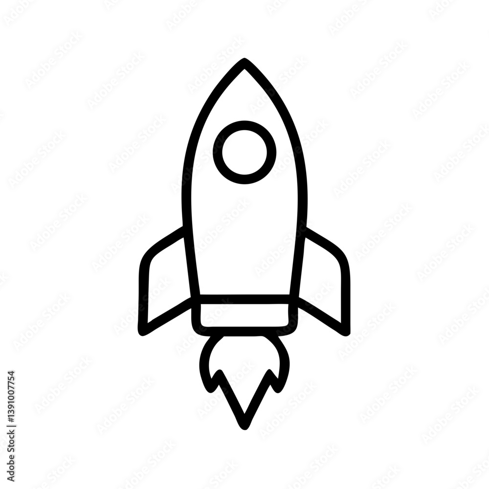 Minimal rocket icon in black outline style on white background, perfect for startup concepts, business growth, launch projects and app interfaces Minimal rocket icon in black outline style on white background, perfect for startup concepts, business growth, launch projects and app interfaces