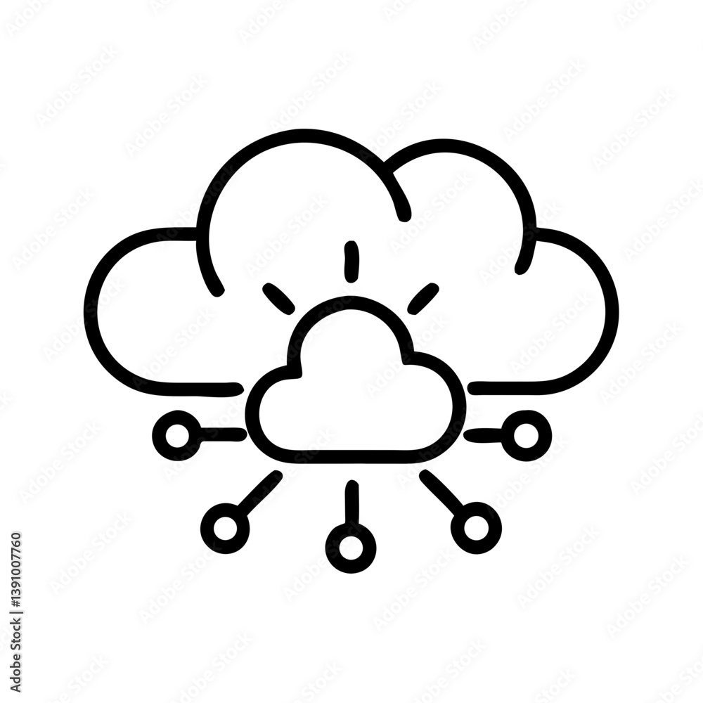 Cloud computing icon in black outline style with data network connections, perfect for tech interfaces, digital storage, innovation and IT solutions visuals Cloud computing icon in black outline style with data network connections, perfect for tech interfaces, digital storage, innovation and IT solutions visuals