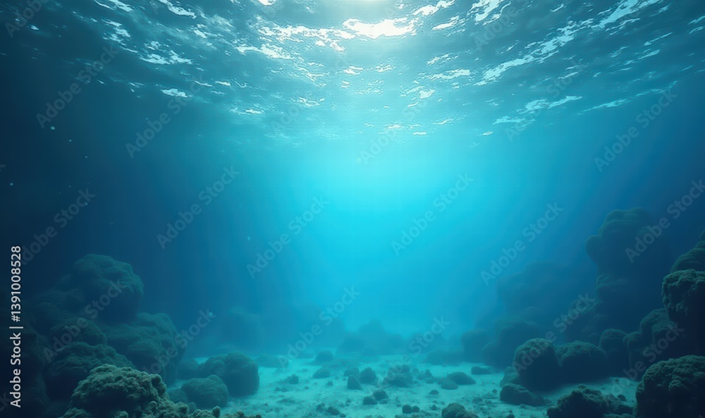 Fototapeta premium Explore the serene beauty of underwater landscapes with this captivating image featuring sunlit blue waters and coral formations, perfect for marine and environmental themes.