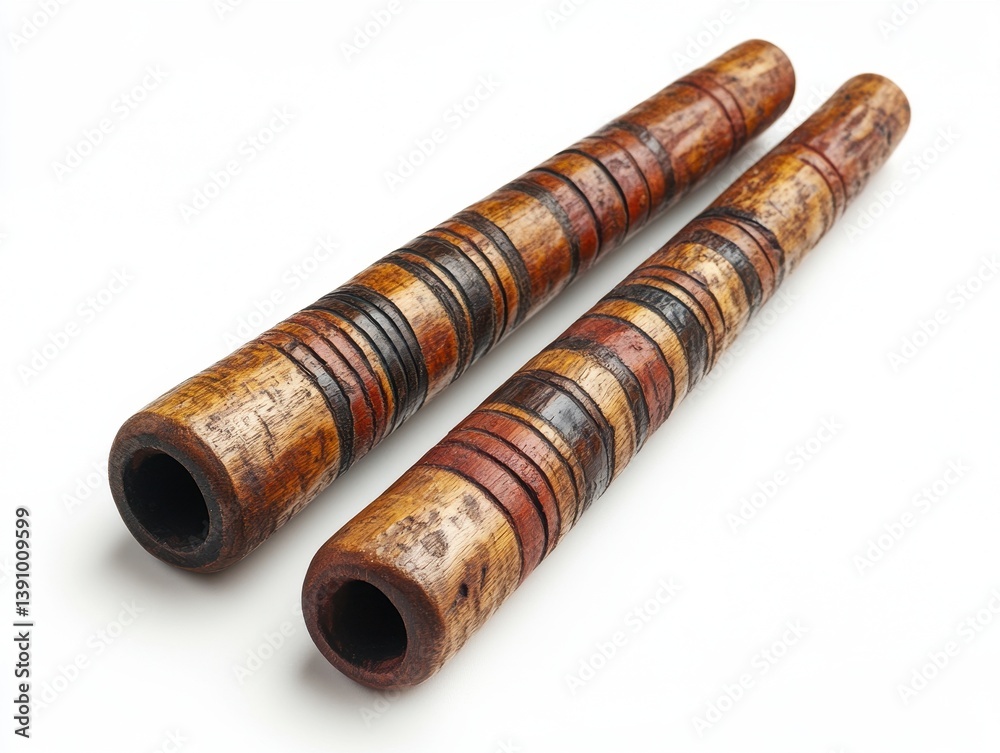 Pair of Dark Wooden Didgeridoos with Intricate Carvings and Brown Stripes Isolated on White Backdrop with Smooth Lighting Pair of Dark Wooden Didgeridoos with Intricate Carvings and Brown Stripes Isolated on White Backdrop with Smooth Lighting
