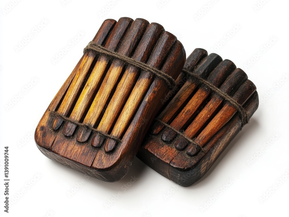 Pair of Rustic Brown Wooden Kalimba Thumb Piano Instruments on White Background in Studio Lighting Pair of Rustic Brown Wooden Kalimba Thumb Piano Instruments on White Background in Studio Lighting