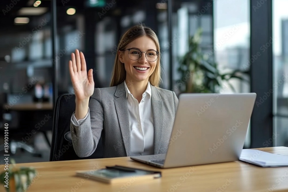 Online video conference, successful businesswoman boss inside office at workplace using laptop for video call. Woman in business suit waving hand greeting colleagues and partners. Business meeting. Online video conference, successful businesswoman boss inside office at workplace using laptop for video call. Woman in business suit waving hand greeting colleagues and partners. Business meeting.
