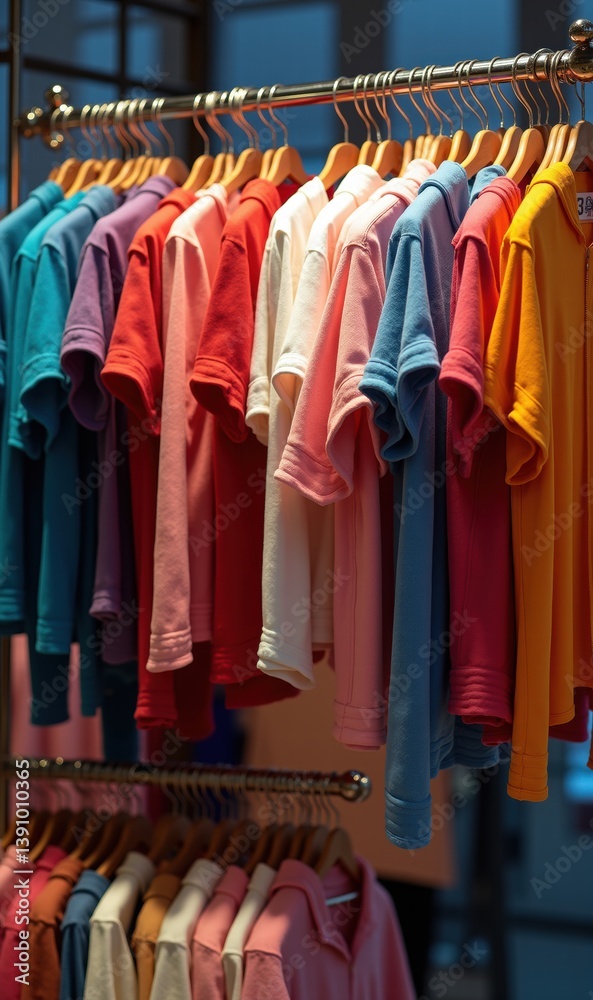 Fototapeta premium Colorful polo shirts neatly arranged on a rack, showcasing fashion diversity. Perfect for retail, fashion branding, and e-commerce visuals.