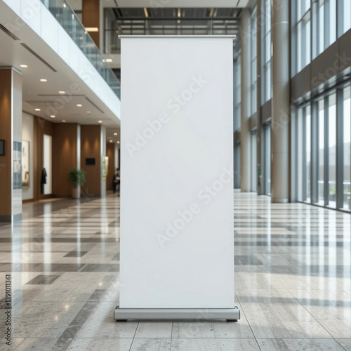 freestanding blank banner stand in modern corporate lobby, ideal for advertising, branding, and business event promotions