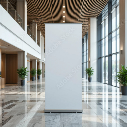  freestanding blank banner stand in modern corporate lobby, ideal for advertising, branding, and business event promotions