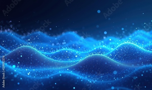 Abstract blue waves with glowing particles create a serene and dynamic visual, perfect for technology, digital media, or wellness themes.