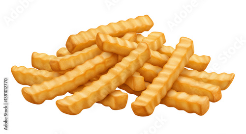 Pile of Golden Crinkle-Cut French Fries on White Background