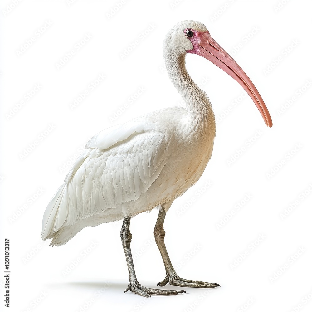Fototapeta premium White Ibis Bird with Pink Beak Standing Isolated on White Background Profile View