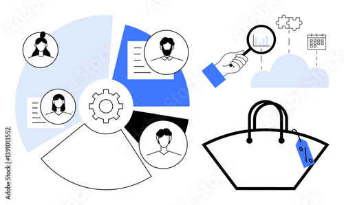 People connected in a circular chart with gear, hand holding magnifying glass examining statistics, puzzle pieces, calendar, and shopping bag with tag. Ideal for collaboration, analysis, market
