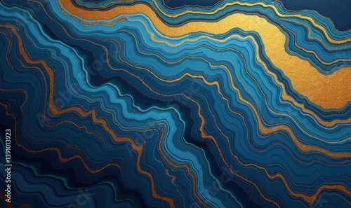 A captivating abstract design featuring wavy lines in deep blue and metallic gold tones, perfect for backgrounds, textures, and modern art projects.