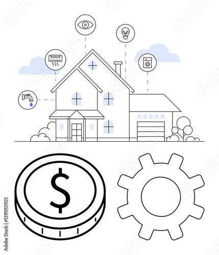 Modern house connected to smart devices, illustrating IoT technology, automation gear, and cost management. Ideal for home tech, IoT, energy-saving, smart systems, automation budgeting abstract
