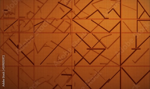 Abstract geometric patterns create a visually striking design in warm hues, perfect for modern art, technology, or creative business branding.