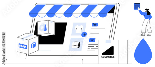 Laptop screen with online storefront, delivery box, product listings, and shopper creating content. Ideal for e-commerce, digital shopping, marketing, sales delivery retail customer journey. Flat