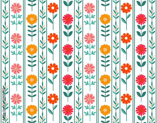 Seamless Pattern with flowers and stripes. Seamless floral background in Scandinavian style. Print for wallpaper, textile, printing, design, banners, web, templates and cards.
