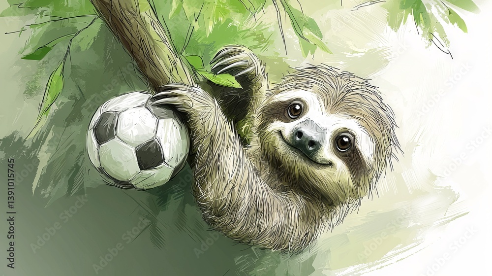 Fototapeta premium Adorable Sloth Climbing a Tree with a Soccer Ball in a Playful Scene